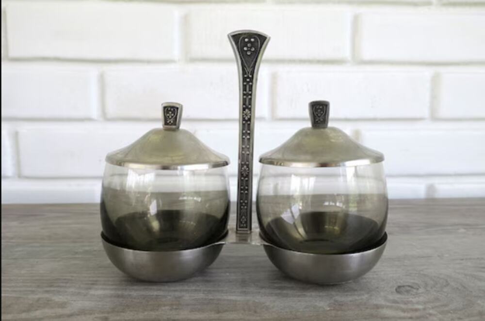 Mid Century Condiment Server Cordova Set MCM stainless steel glass mustard jelly